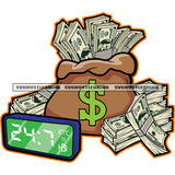 Money Bag With Bank Notes Lot Of Bundle On Floor Vector Time Watch And Dollar Sign Design Element Color White Background SVG JPG PNG Vector Clipart Cricut Cutting Files