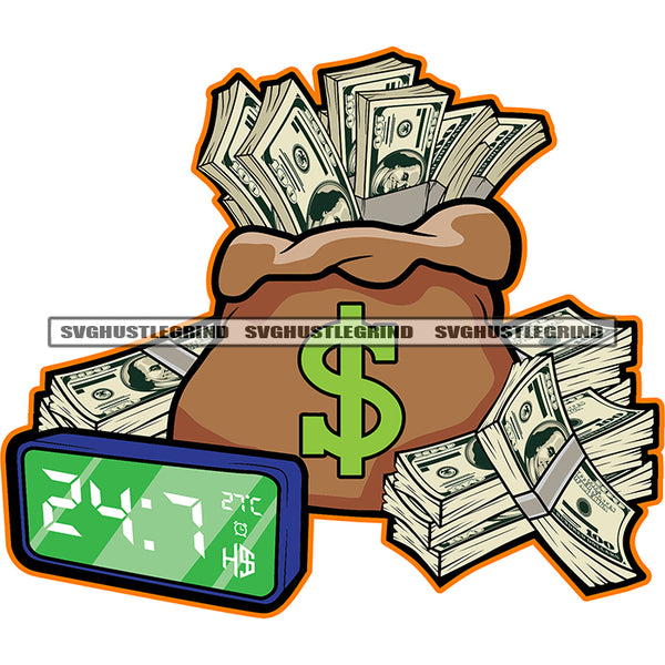 Money Bag With Bank Notes Lot Of Bundle On Floor Vector Time Watch And Dollar Sign Design Element Color White Background SVG JPG PNG Vector Clipart Cricut Cutting Files