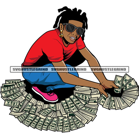 African Gangster Man Sitting On Money Afro Man Holding Money Vector Bundle Money Design Element Wearing Sunglass Locs Hair Style SVG JPG PNG Vector Clipart Cricut Cutting Files