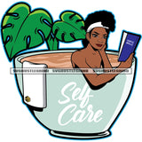 Self-Care Melanin Woman Spa Inside Cup Relaxing Reading Plants Nature Meditation Towel Nubian Design Element White Background SVG JPG PNG Vector Clipart Cricut Cutting Files