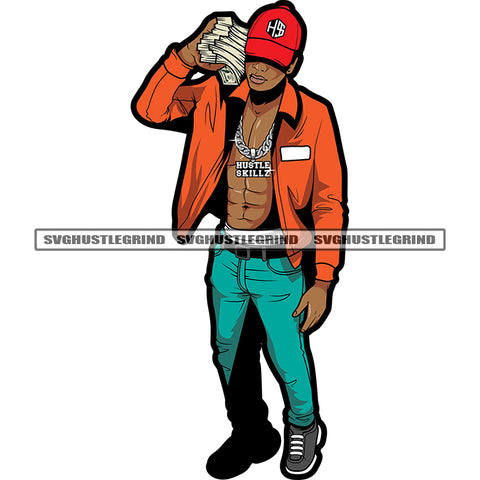 Black Man Jean Jacket Jeans No Shirt Chain Stacks Cash Money Baseball Cap Hustler Grind Color White Background Design Element SVG JPG PNG Vector Clipart Cricut Cutting Files
