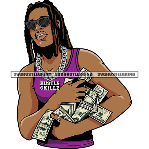 Afro Gangster Man Holding Lot Of Bundle Money African Man Wearing Sunglass Vector Locus Hair Style Design Element White Background SVG JPG PNG Vector Clipart Cricut Cutting Files