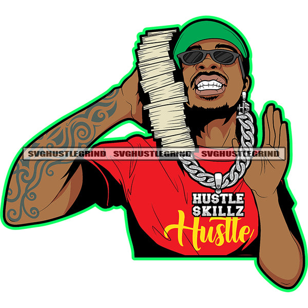 Gangster Man Holding Lot Of Money Bundle Vector Wearing Sunglass And Cap Smile Face Design Element White Background SVG JPG PNG Vector Clipart Cricut Cutting Files