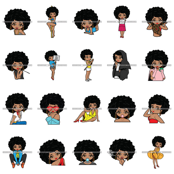 Bundle 20 Afro Cute Woman Black Girl Magic Afro Hairstyle Cartoon Character Designs For T-Shirt and More SVG PNG JPG Cutting Files For Silhouette Cricut Cut Cutting