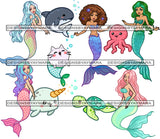 Bundle 10 Mermaid Girl Magic Fish Sea Design Fairy Princess Magical Adorable Starfish Cartoon Swimming JPG PNG Cutting Files For Silhouette Cricut and More