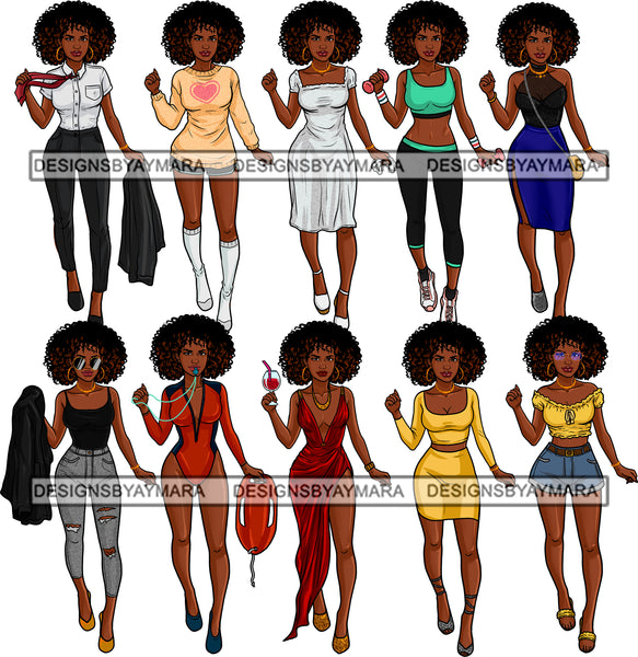 Bundle 10 Afro Woman Different Outfits Fashion Glamour Melanin Nubian Ebony JPG PNG Files For Silhouette Cricut and More