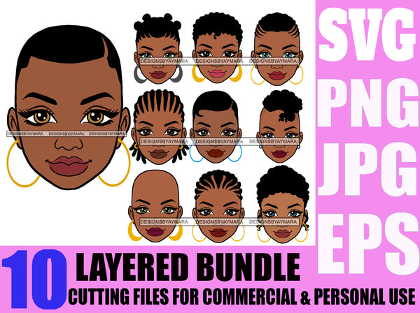 Bundle 10 Afro Woman SVG Short Hair Black Girl Magic Melanin Popping Hipster Girls SVG JPG PNG Layered Cutting Files For Silhouette Cricut and More