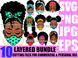 Bundle 10 Afro Girls Wearing Mask Layered SVG Black Girl Magic Melanin Popping Hipster Girls SVG JPG PNG Layered Cutting Files For Silhouette Cricut and More