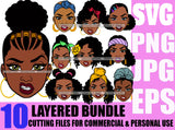 Bundle 10 Afro Woman SVG Mean Face Black Girl Magic Melanin Popping Hipster Girls SVG JPG PNG Layered Cutting Files For Silhouette Cricut and More