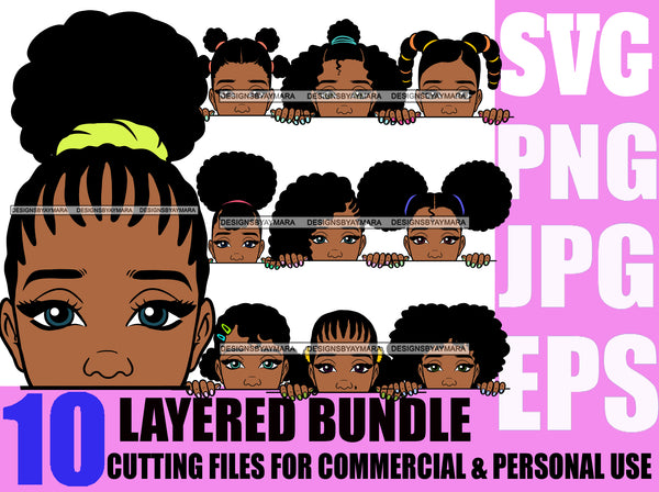 Bundle 9 Afro Woman SVG Peeking Girl Black Girl Magic Melanin Popping Hipster Girls SVG JPG PNG Layered Cutting Files For Silhouette Cricut and More