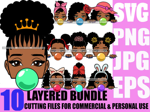 Bundle 9 Afro Lili Peeking Girl SVG Bubble Gum Black Girl Magic Melanin Popping Hipster Girls SVG JPG PNG Layered Cutting Files For Silhouette Cricut and More