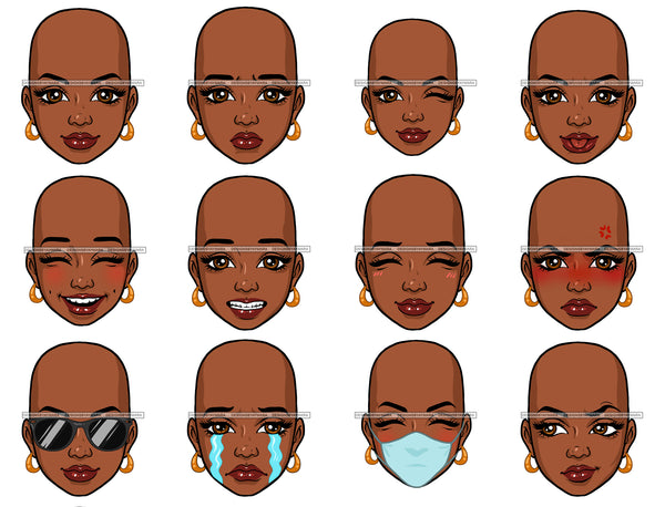 Bundle 12 Afro Bald Woman Emoji Face Logo Designs PNG JPG Cut Files For Silhouette Cricut and More!