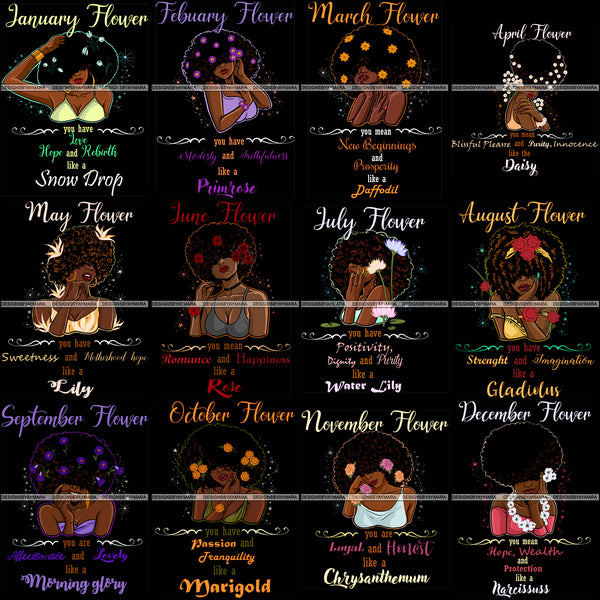 Bundle 12 Birthday Flowers Girls African American Woman Melanin Nubian Afro Hairstyle JPG PNG Files For Silhouette Cricut and More