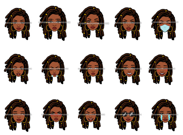 Bundle 15 Afro Melanin Dreadlocks Hairstyle Emoji Face Designs Element PNG JPG Cut Files For Silhouette Cricut and More!