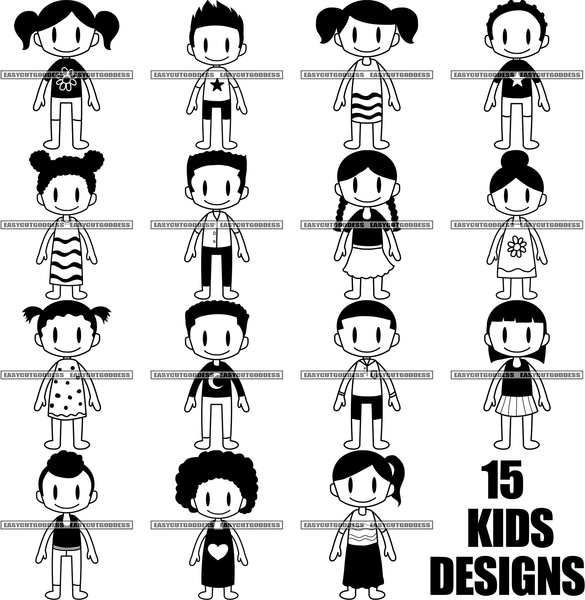 15 Kids Designs Quote Kids Character Design Element Black And White Artwork Both Smile Face Different Design Face Vector SVG JPG PNG Vector Clipart Cricut Silhouette Cut Cutting