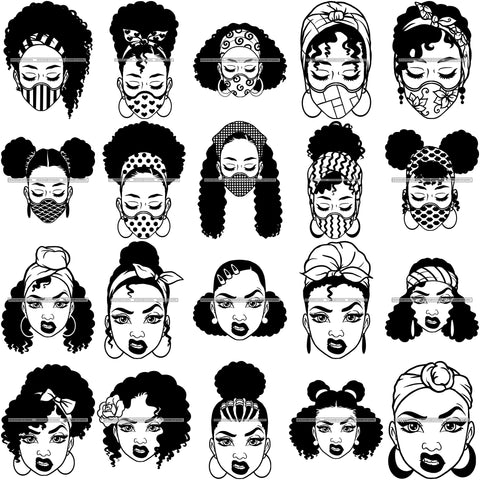 Bundle 20 Afro Woman SVG Wearing Mask Mean Face Hot Selling Designs Black Girl Magic Melanin Popping Hipster Girls SVG JPG PNG Layered Cutting Files For Silhouette Cricut and More