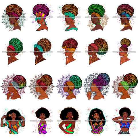 Bundle 20 Designs Afro Woman Melanin Nubian Unique African American Graphics SVG PNG JPG Cutting Files Silhouette Cricut