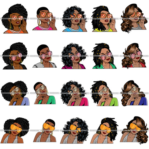Bundle 20 Designs Afro Lola Black Woman Wearing Fashion Glasses Melanin Nubian Unique African American Graphics SVG PNG JPG Cutting Files Silhouette Cricut
