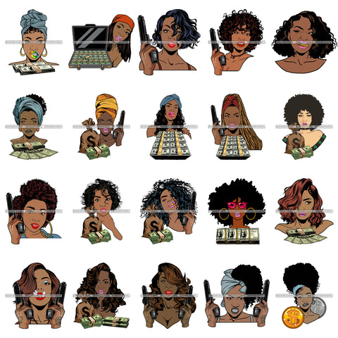 Bundle 20 Afro Badass Goddess Gun Money Gangster Woman .SVG Cutting Files For Silhouette and Cricut and More!