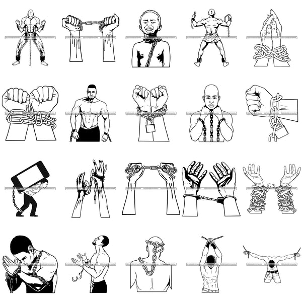 Bundle 20 Black Man In Chain Prisoner Pain Freedom Injustice Technology Slave Slavery Hands In Chain Designs For T-Shirt and Other Products SVG PNG JPG Cutting Files For Silhouette Cricut and More!