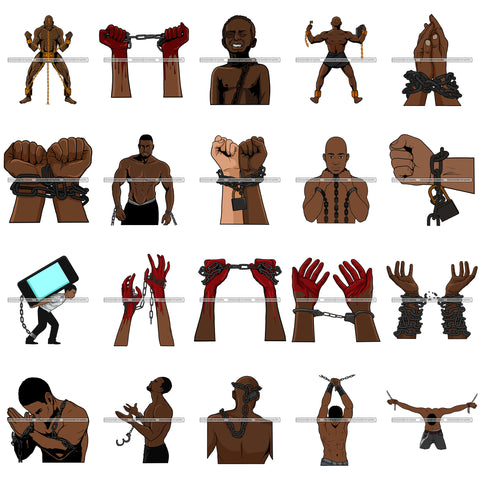Bundle 20 Black Man In Chain Prisoner Pain Freedom Injustice Technology Slave Slavery Hands In Chain Designs For T-Shirt and Other Products SVG PNG JPG Cutting Files For Silhouette Cricut and More!