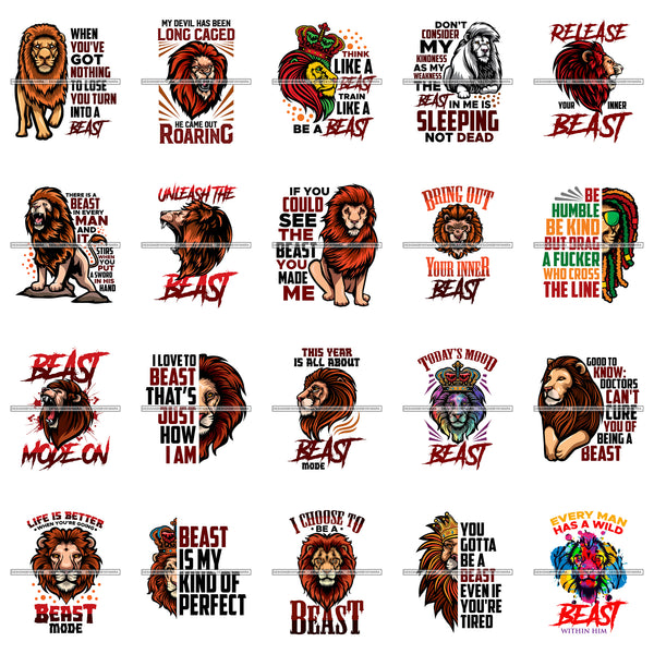 Bundle 20 Beast Mode Quotes Lion Animal Power Kingdom Unleash The Beast Quotes SVG PNG JPG Cutting Files For Silhouette Cricut and More!