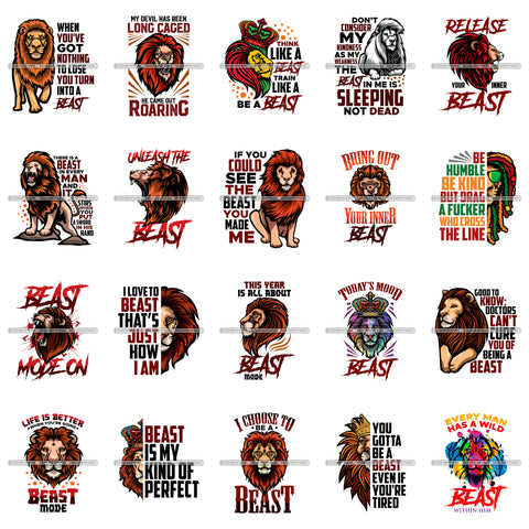 Bundle 20 Beast Mode Quotes Lion Animal Power Kingdom Unleash The Beast Quotes SVG PNG JPG Cutting Files For Silhouette Cricut and More!