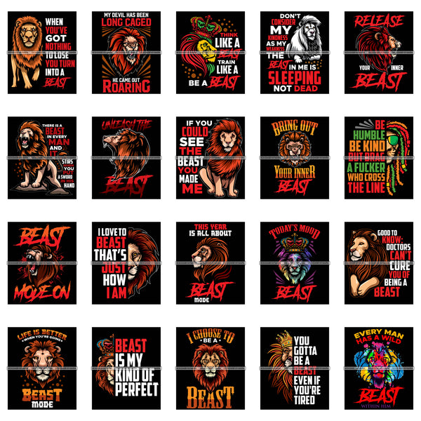 Bundle 20 Beast Mode Quotes Lion Animal Power Kingdom Unleash The Beast Quotes Black Background SVG PNG JPG Cutting Files For Silhouette Cricut and More!