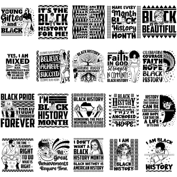 Bundle 20 I'm Black History Month Quotes Proud Roots African American Culture Celebration Melanin Pride SVG Clipart Vector Designs Cutting Files For Circuit Silhouette Cricut and More!