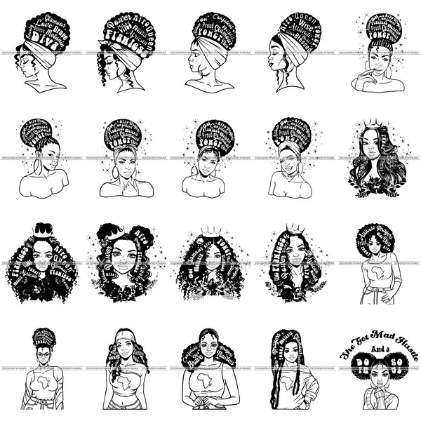 Bundle 20 Afro Woman Hair Quotes Black Girl Magic Goddess Diva Black Queen Melanin Popping Messy Bun SVG Cut Files For Silhouette Cricut and More!