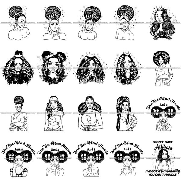 Bundle 20 Afro Woman Hair Quotes Black Girl Magic Goddess Diva Black Queen Melanin Popping Messy Bun Dope Soul SVG Cut Files For Silhouette Cricut and More!