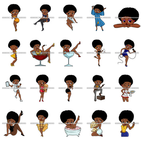 Bundle 20 Afro Cute Sexy Betty Sensual Curvy Boss Lady Big Eyes Queen Melanin Curly Afro Hair Style SVG PNG JPG Cutting Files For Silhouette Cricut More