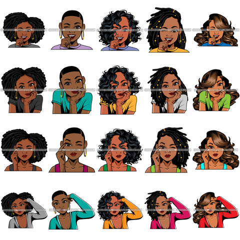Bundle 20 Afro Lola Hands In Face Wondering Black Girl Magic Melanin Nubian SVG JPG PNG Cutting Files For Silhouette Cricut and More