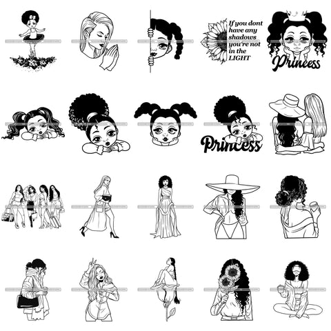 Bundle 20 Cute Girl Princess Best Friends Sunflower Nubian Goddess Designs For T-Shirt and Other Products SVG PNG JPG Cutting Files For Silhouette Cricut and More!