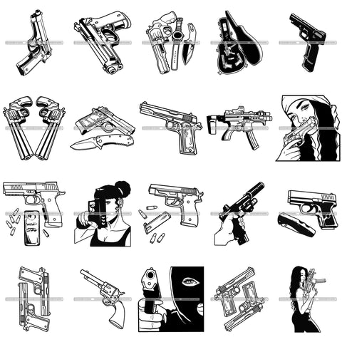 Bundle 20 Hand Gun Protection Weapon Pistol Criminal Death Woman Caring Glock Designs For T-Shirt and Other Products SVG PNG JPG Cutting Files For Silhouette Cricut and More!