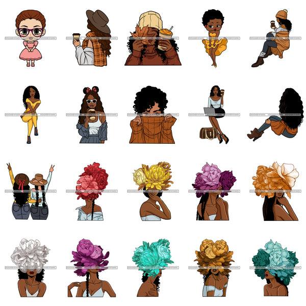 Bundle 20 Woman Head Flower Nubian Melanin Best Friends Designs For T-Shirt and Other Products SVG PNG JPG Cutting Files For Silhouette Cricut and More!