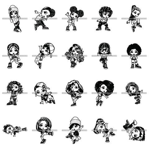 Bundle 20 Cute Girl Cartoon Character Dancing Hip Hop Style Dancer BW SVG PNG JPG Cutting Files For Silhouette Cricut and More!