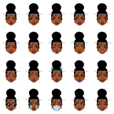 Bundle 20 Afro Melanin Afro Puff Hairstyle Emoji Face Designs Element PNG JPG Cut Files For Silhouette Cricut and More!