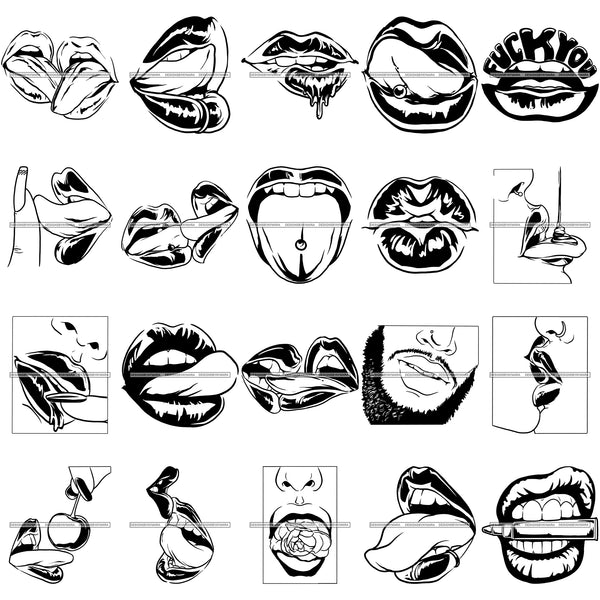 Bundle 20 Sexy Erotic Lips Kissing Lips Together Mouth Tongue Woman Man Licking Sex BW SVG PNG JPG Cutting Files For Silhouette Cricut and More!
