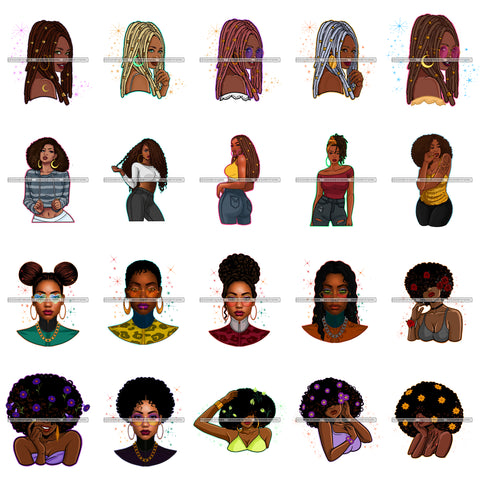 Bundle 20 Designs Afro Goddess Woman Dreadlock Diva Melanin Nubian Unique African American Graphics PNG JPG Cutting Files Silhouette Cricut