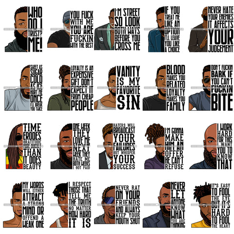 Bundle 20 Afro Black Man Life Quotes Half Face Men Melanin African American Male PNG JPG SVG Cutting Files For Silhouette Cricut and More!