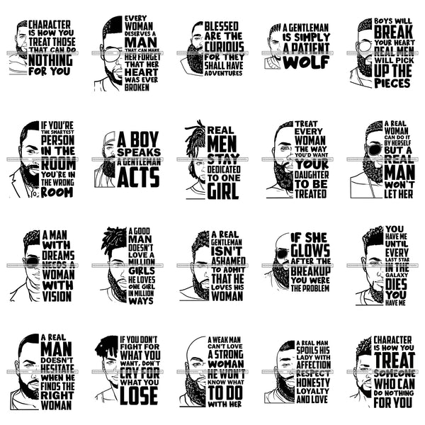 Bundle 20 Afro Man Half Face Life Quotes Handsome Black King African American Male Power Respect Bearded Man PNG JPG SVG Cutting Files For Silhouette Cricut and More!