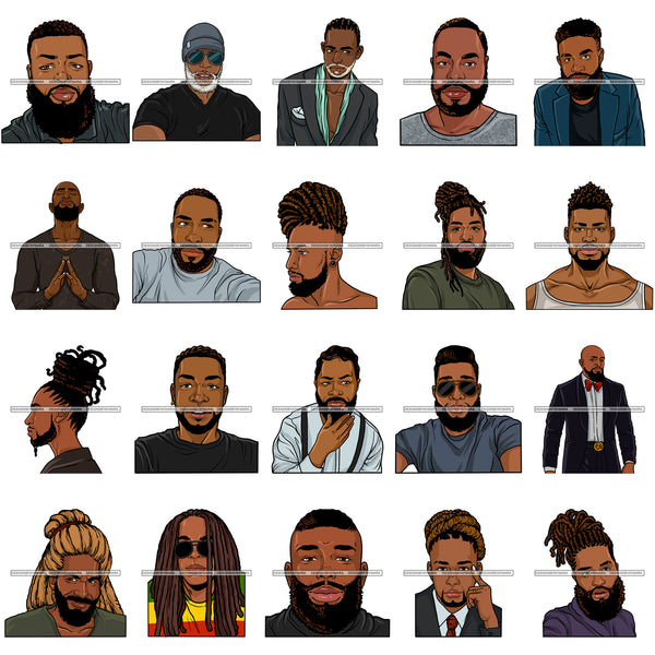 Bundle 20 Handsome Black Bearded Man African American Male PNG JPG SVG Cutting Files For Silhouette Cricut and More!