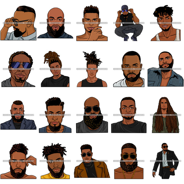 Bundle 20 Handsome Black Bearded Man African American Male PNG JPG SVG Cutting Files For Silhouette Cricut and More!