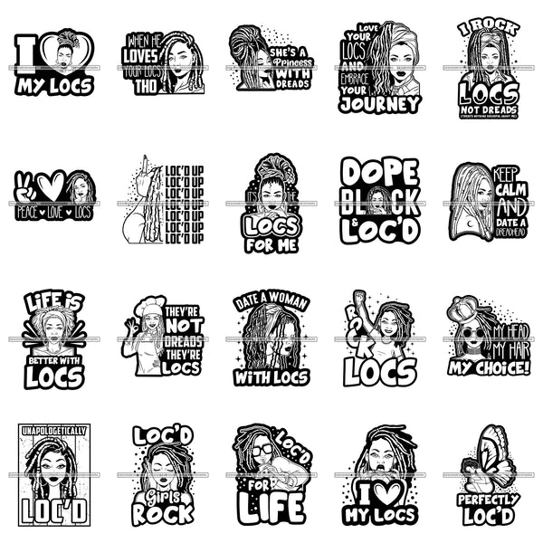 Bundle 20 I Love My Locs Hairstyle Dope Woman Date A Woman with Locs Quotes PNG JPG SVG Cutting Files For Silhouette Cricut and More!