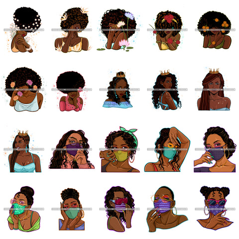 Bundle 20 Designs Afro Woman Melanin Wearing Facemask Nubian Unique African American Graphics PNG JPG Cutting Files Silhouette Cricut