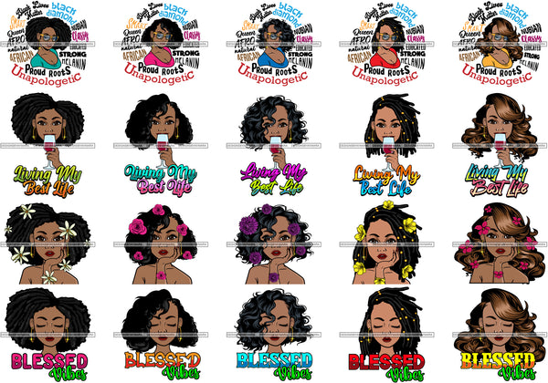 Bundle 20 Afro Lola Living My Best Life Melanin Nubian Ebony Blessed Vibes Unapologetic Proud Roots  SVG JPG PNG Layered Cutting Files For Silhouette Cricut and More