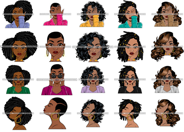 Bundle 5 Afro Lola Queen Boss Lady Covering Face With Hand Holding Glasses Looking Up Black Girl Magic Nubian Melanin Popping  SVG Cutting Files For Silhouette Cricut and More