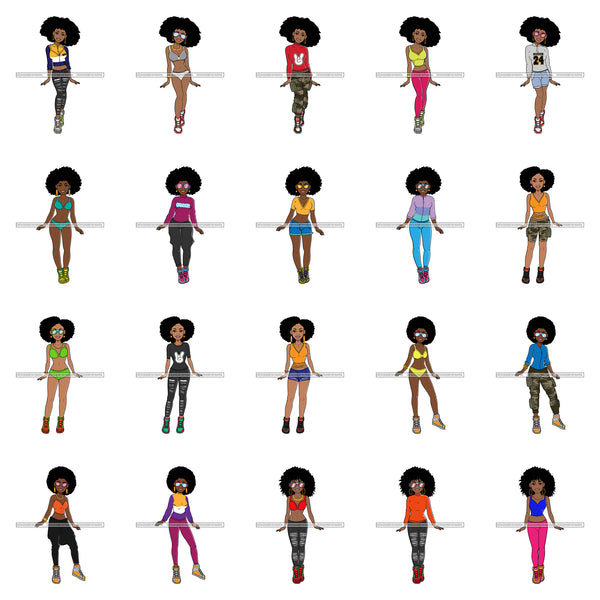 Bundle 20 Afro Lola Fashion Diva Dope Outfits Glamour Hipster Street Girl SVG JPG PNG Layered Cutting Files For Silhouette Cricut and More