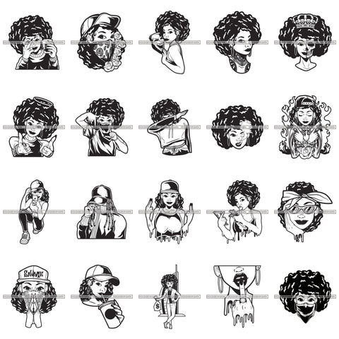 Bundle 20 Afro Gangster Sexy Woman Dripping Queen Skull Face Afro Kinky Hair Woman Dabbing Designs For T-Shirt and Other Products SVG PNG JPG Cutting Files For Silhouette Cricut and More!